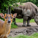 David vs. Goliath: Tiny Muntjac Deer Challenges Massive Rhino at Wroclaw Zoo
