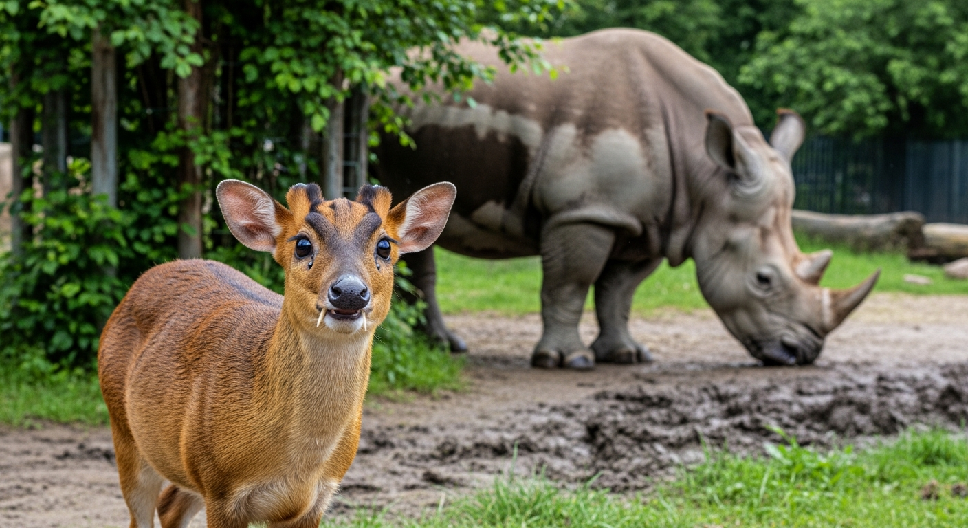 David vs. Goliath: Tiny Muntjac Deer Challenges Massive Rhino at Wroclaw Zoo
